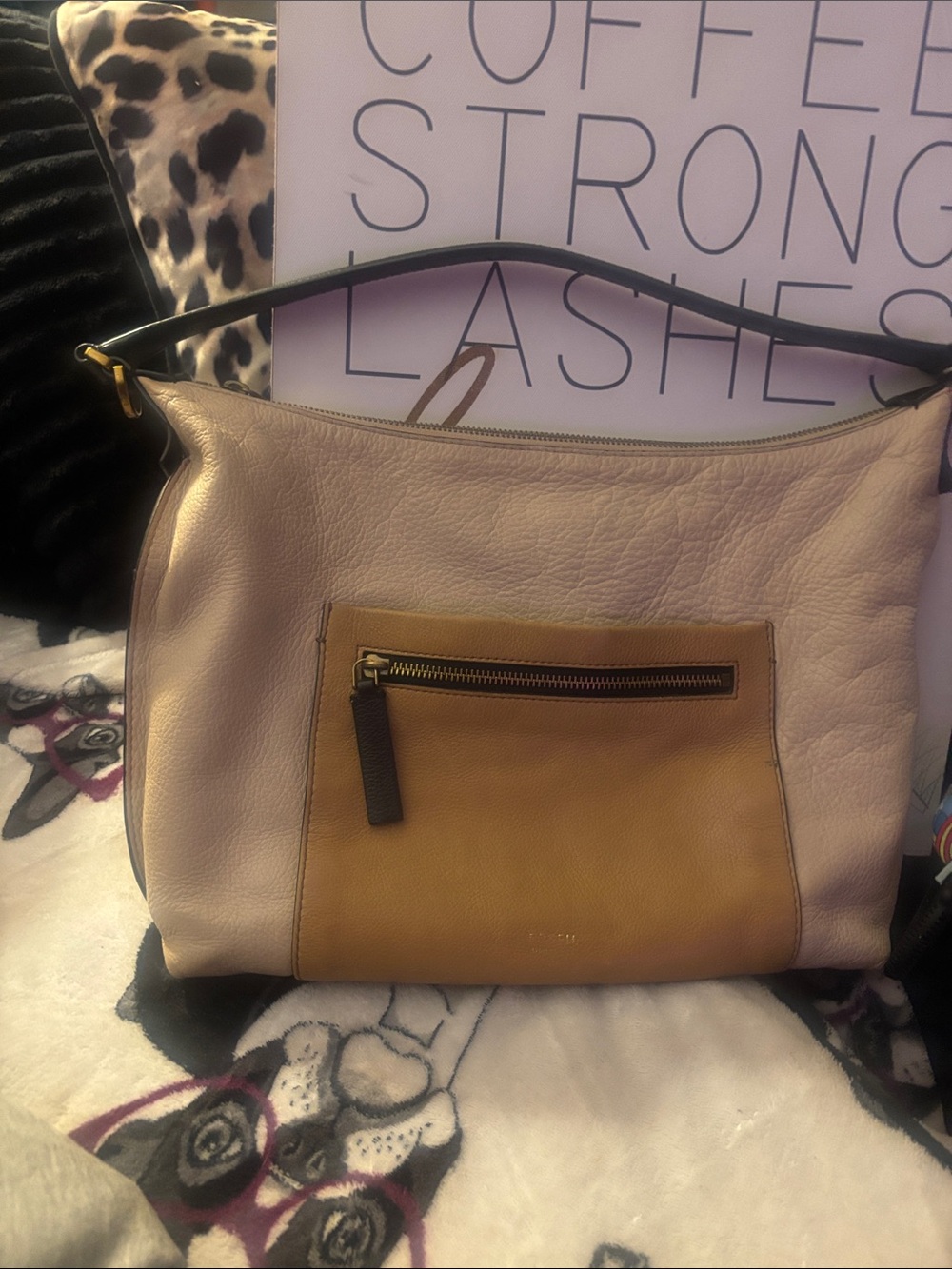Fossil Blush Leather Shoulder Hobo with Tan Front Pocket